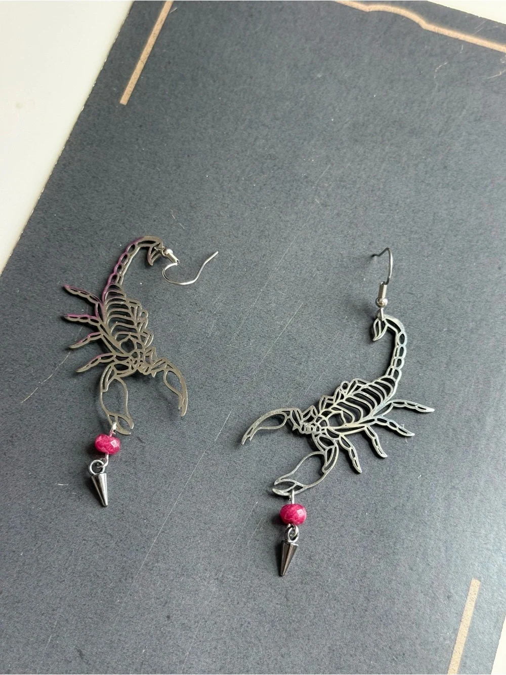 Scorpion Dangle Earrings with Ruby  Accent Beads - Scorpio jewelry goth earrings